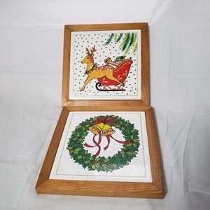 Two Vintage Christmas Holiday Framed Tile Trivets Wall Hangings